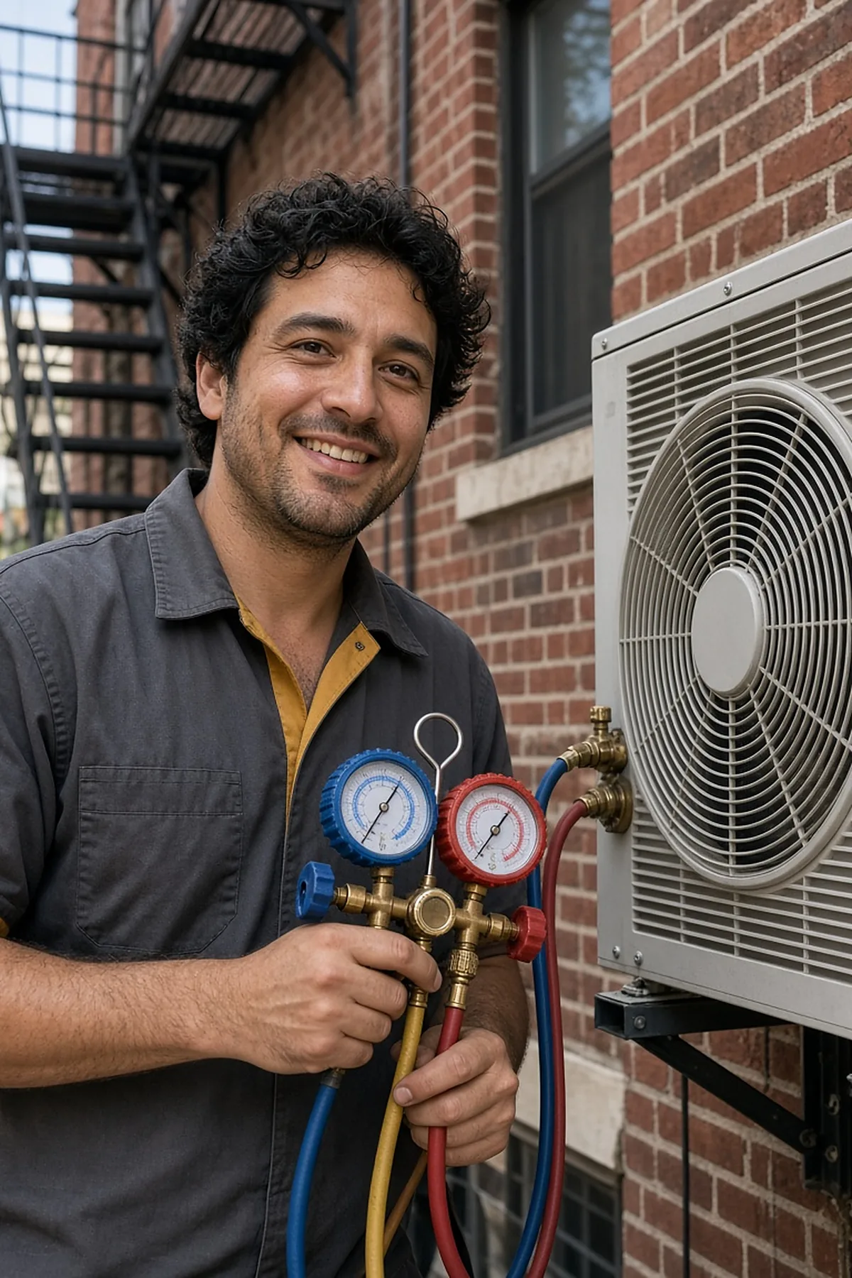 Technician checking an outdoor AC unit
