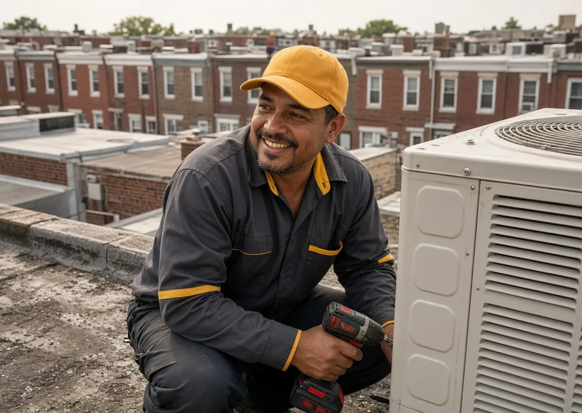 Technician repairing an outdoor AC unit