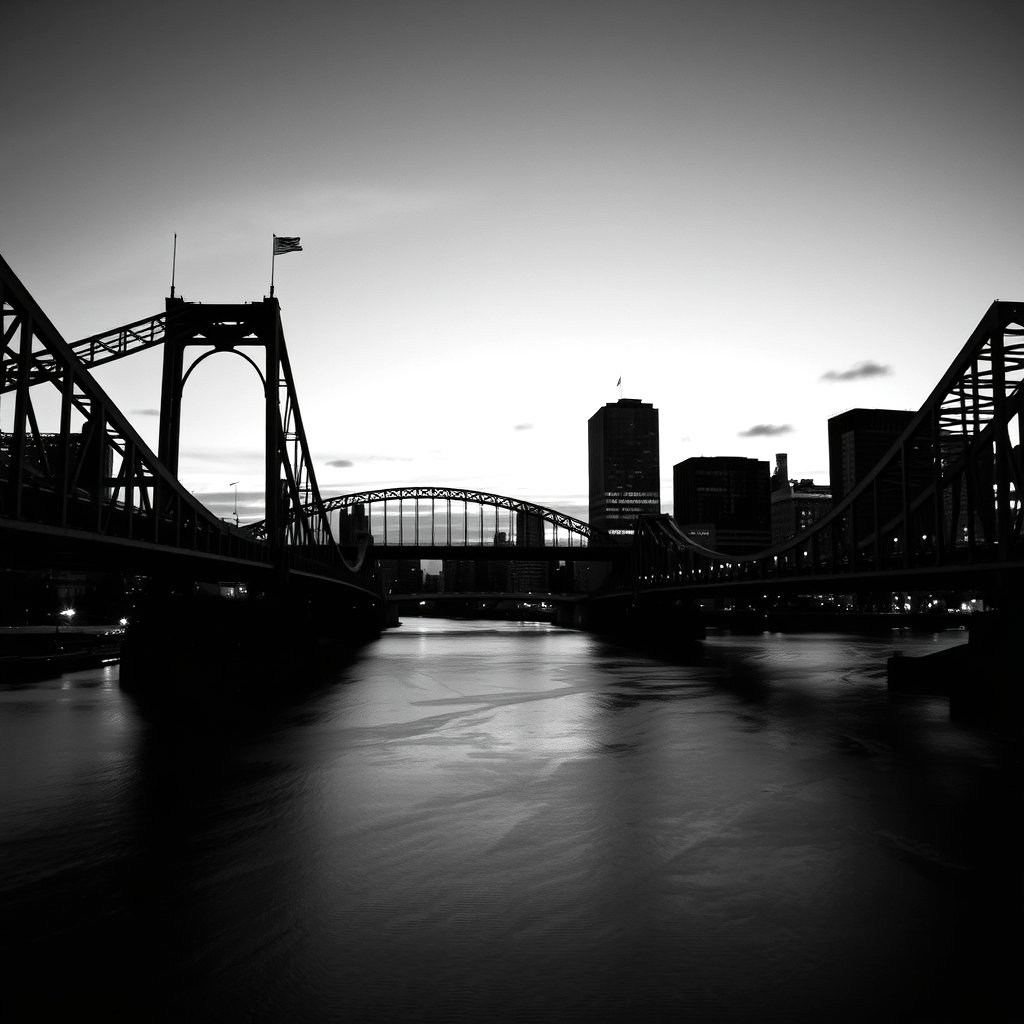 Desaturated Pittsburgh bridges over the river at dusk — civic Keystone look