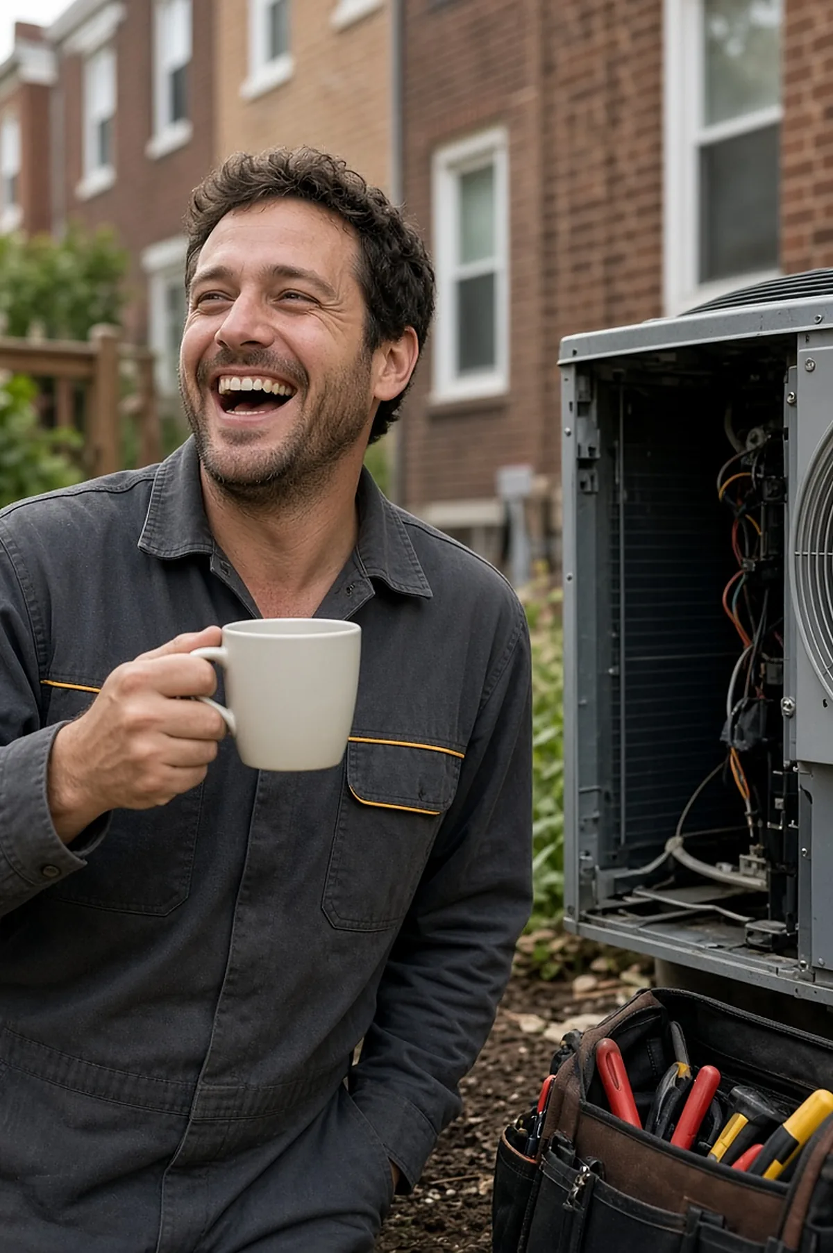 Technician laughing on a coffee break beside an open AC condenser