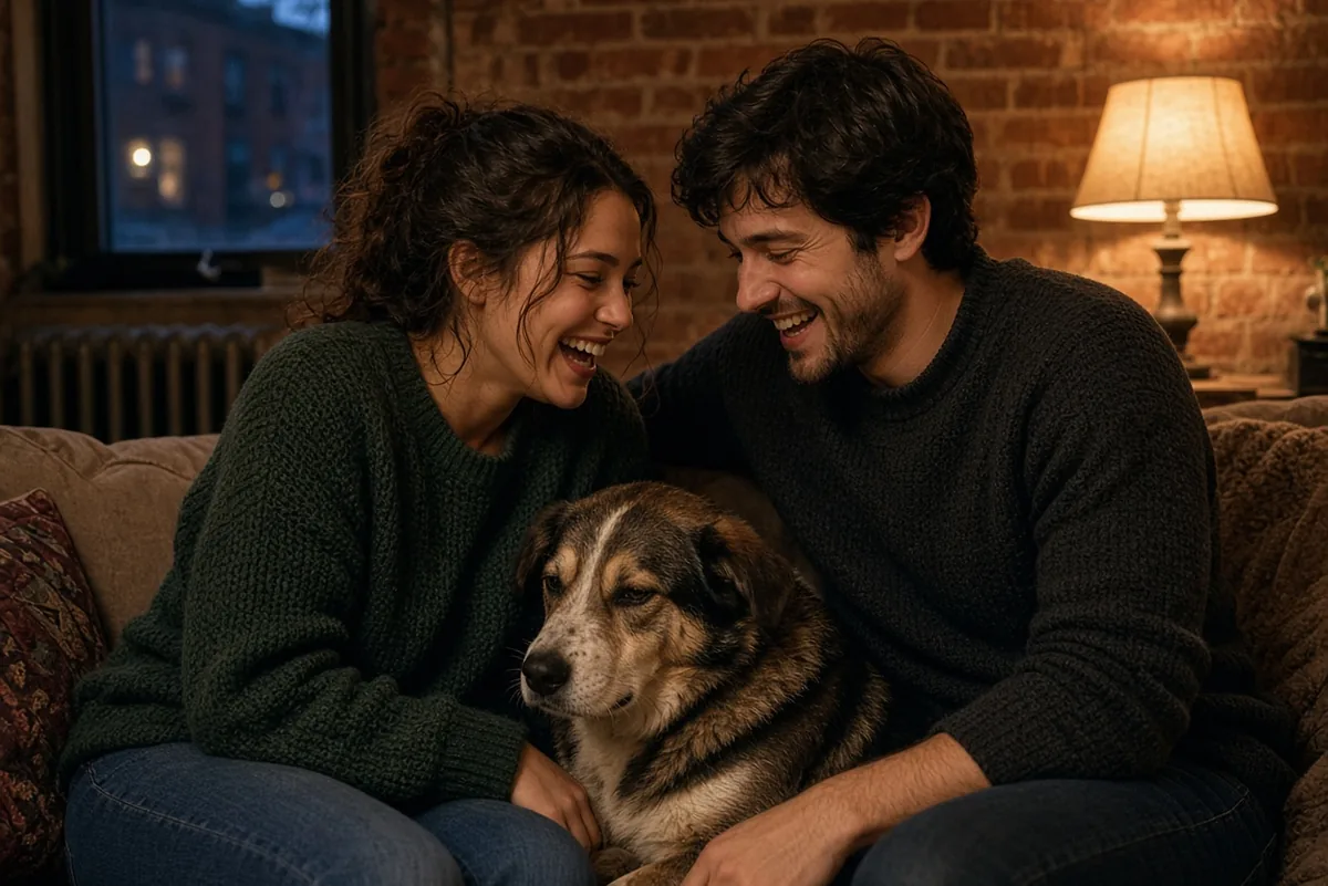 Couple relaxing with their dog in a warm attic room in winter