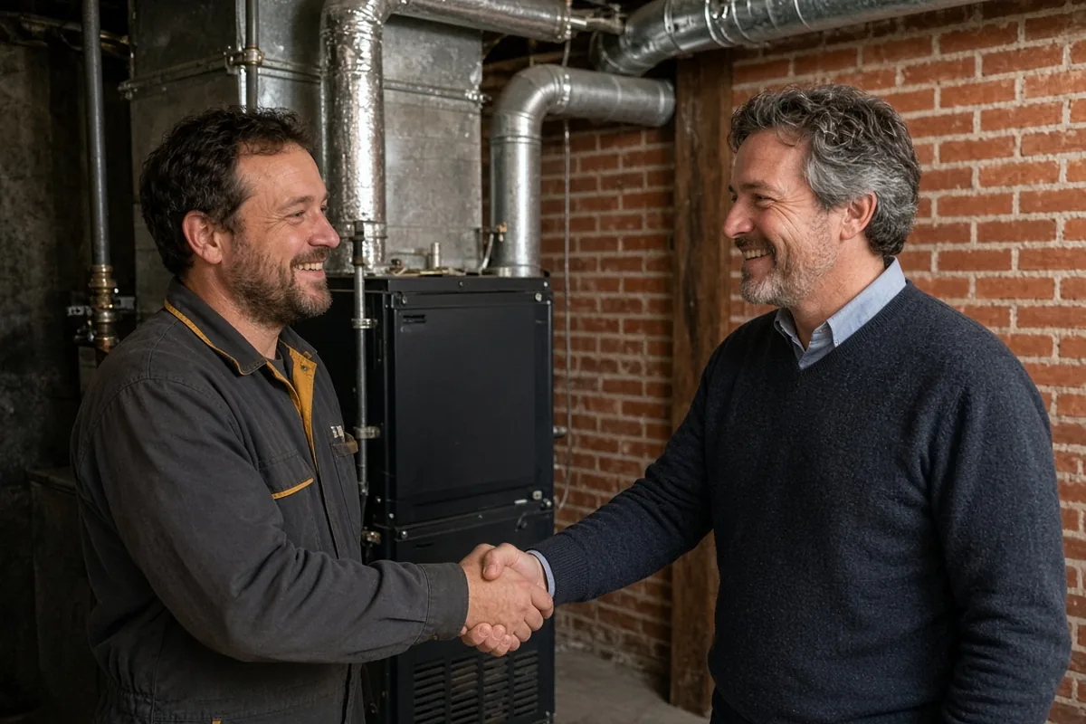 Technician shaking hands with a homeowner after a job