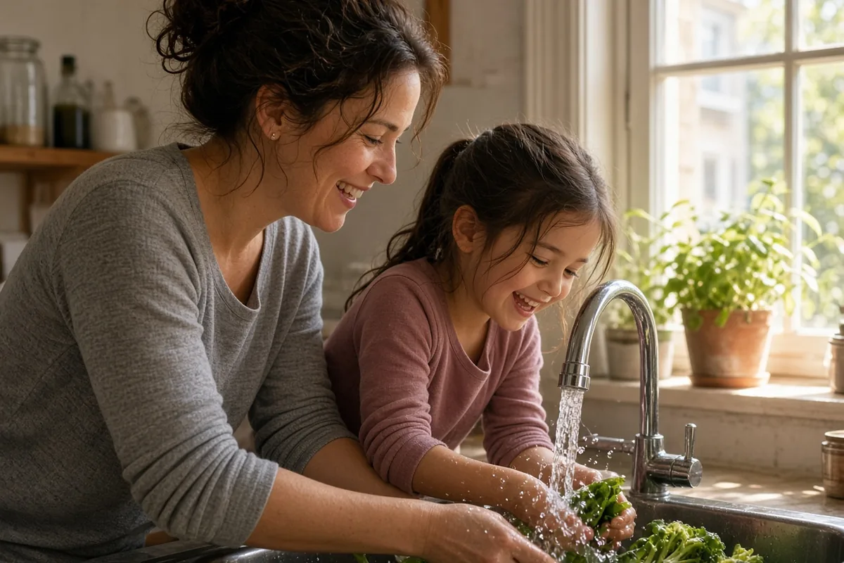 Mother and daughter laughing while rinsing greens at a kitchen sink with plenty of hot water