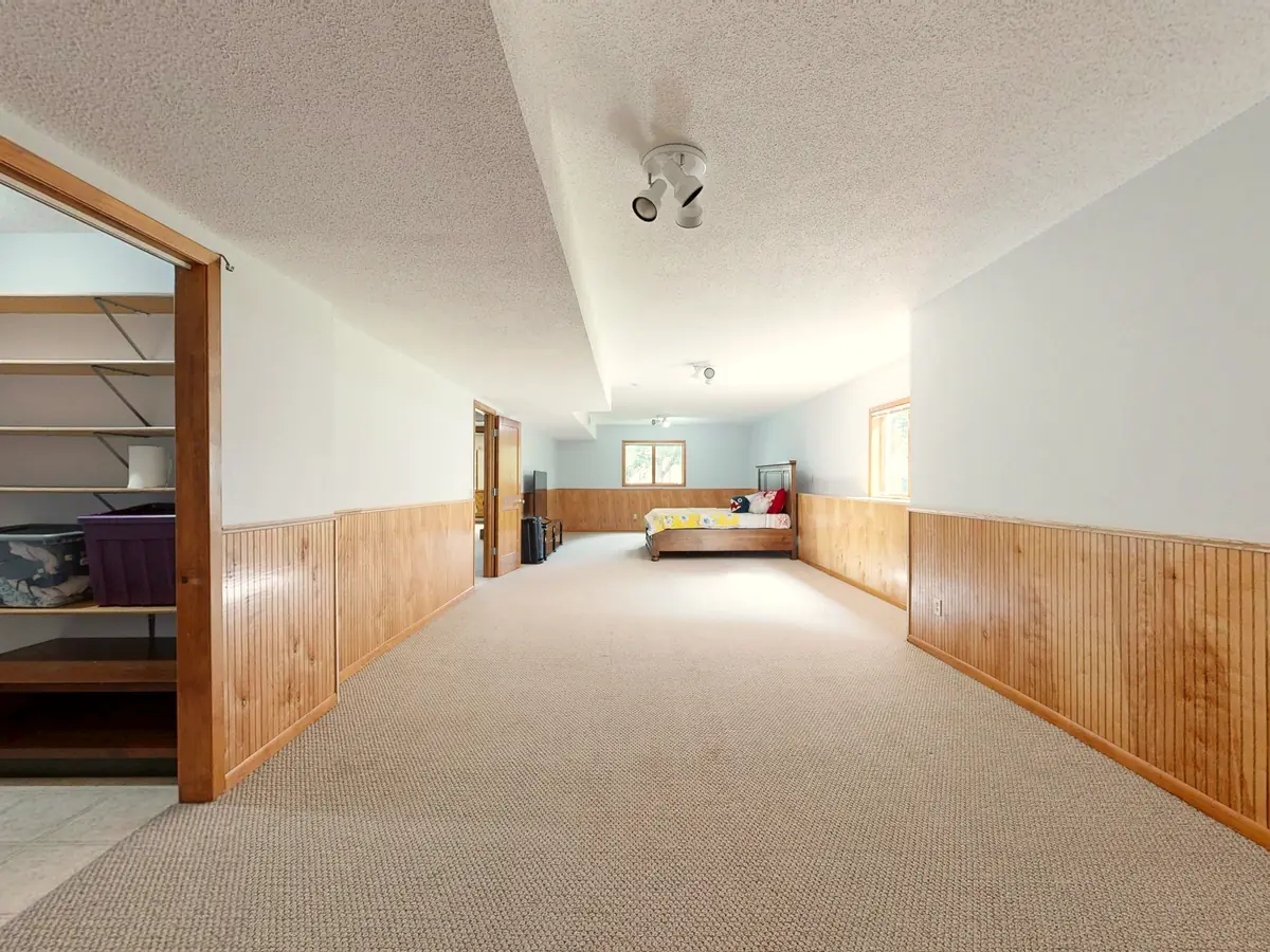Basement room with wood paneling and carpet