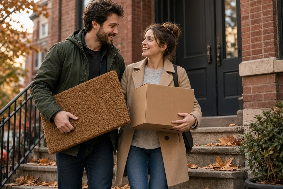 Couple placing a welcome mat at their front door