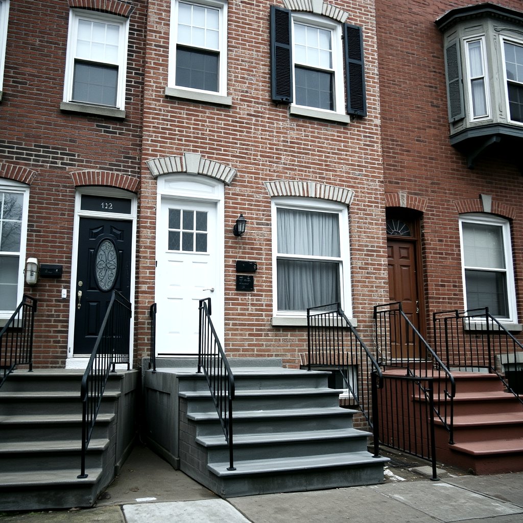 Philadelphia brick rowhouse facade with stoop and railings