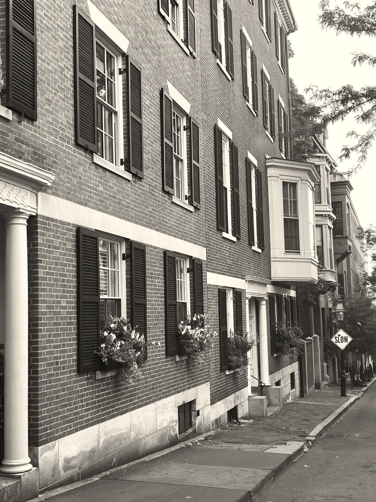 Brick rowhouse facades along a city sidewalk