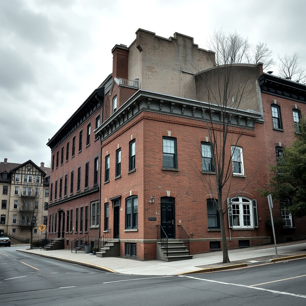 Pittsburgh brick rowhouse street on a steep hill