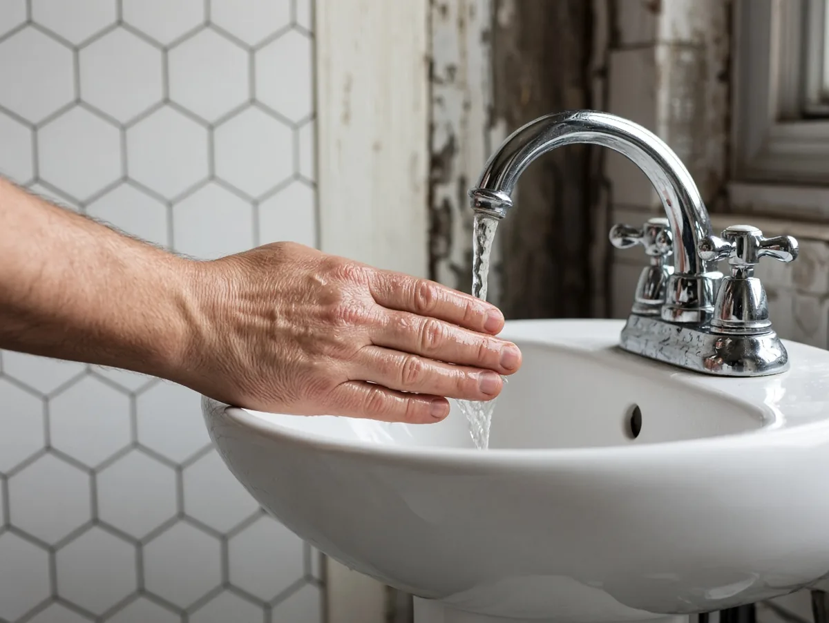 Hands testing a bathroom faucet after a repair