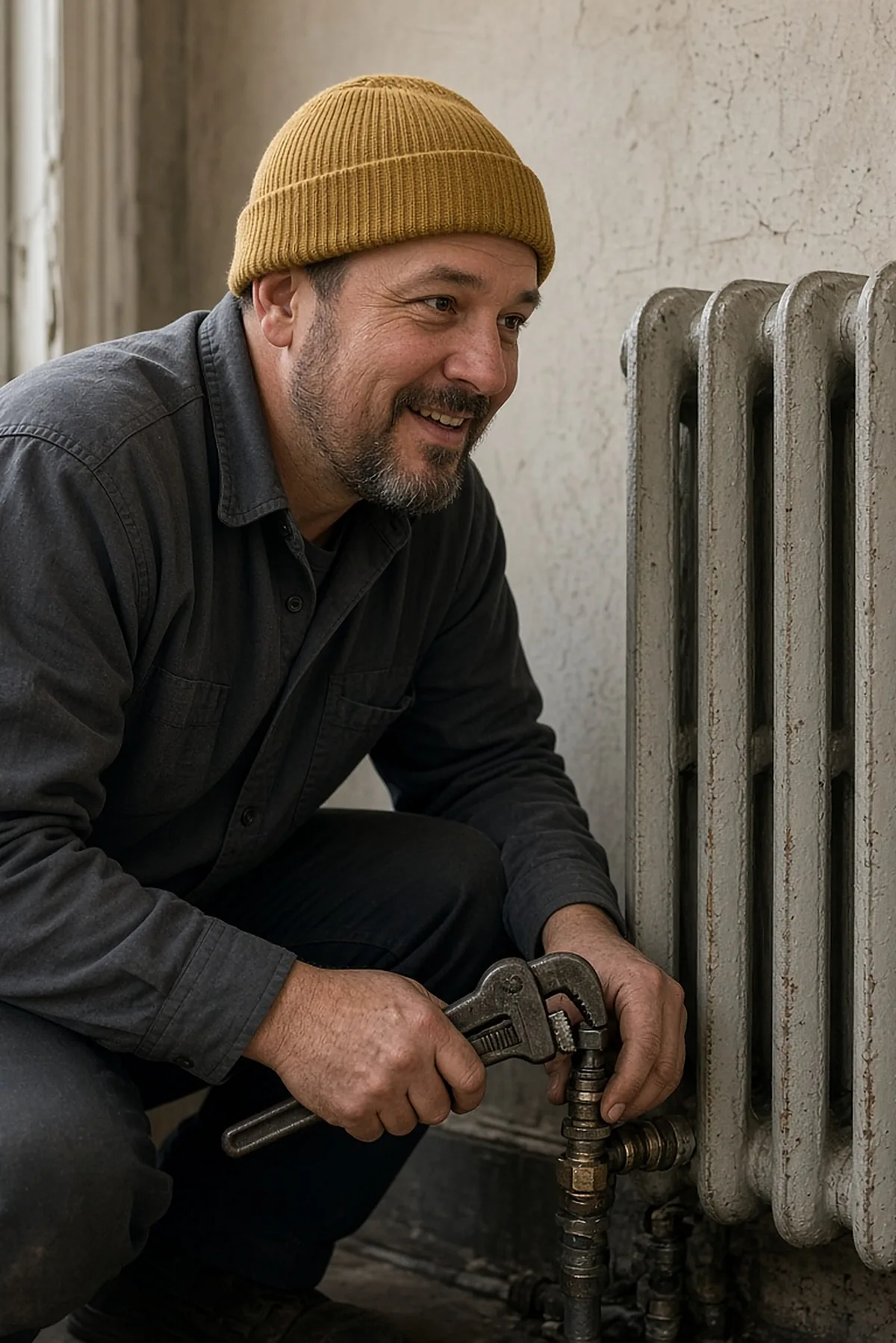 Technician fitting a pipe to a cast-iron radiator with a wrench