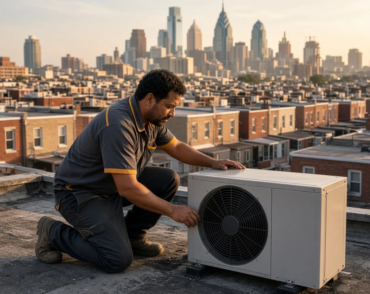 Technician servicing a condenser on a flat roof