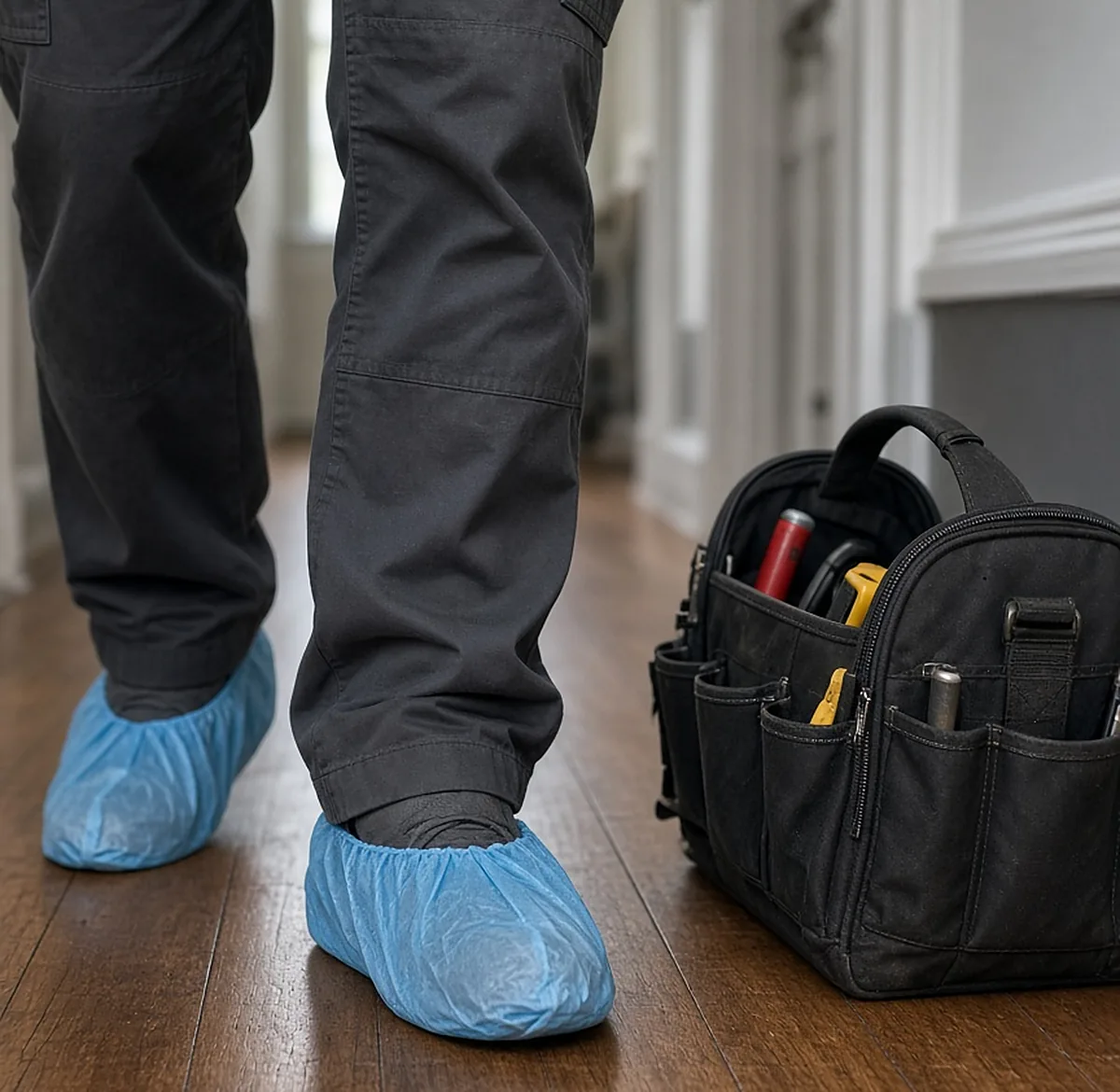 Technician wearing shoe covers indoors