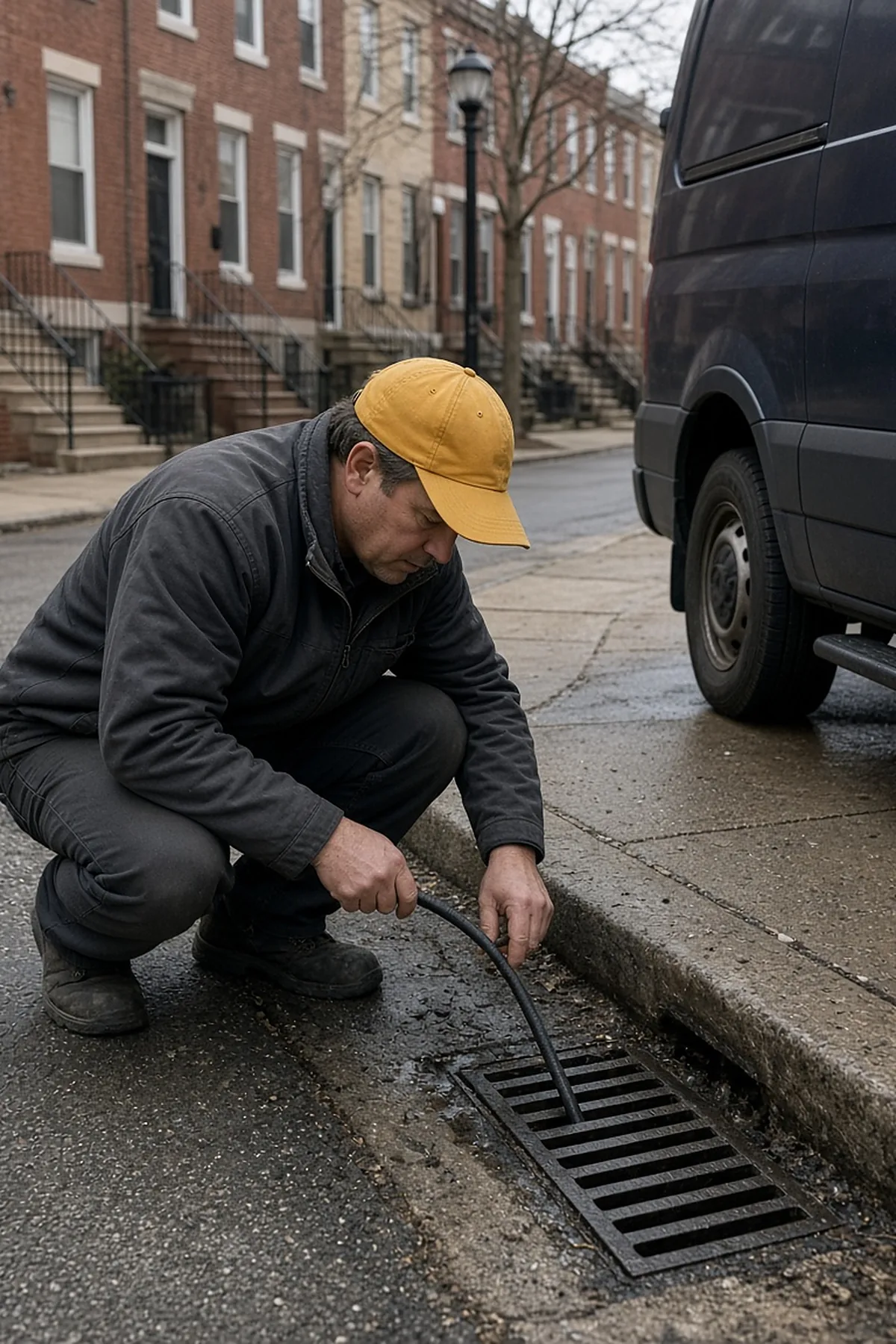 Worker checking a drain beside a parked car