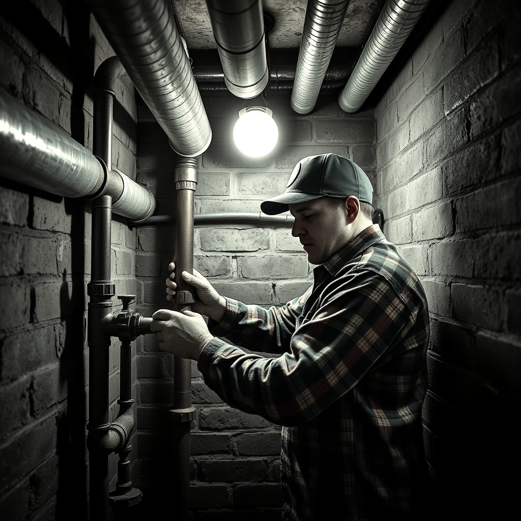 Plumber working on pipes in a brick basement — fictional scene