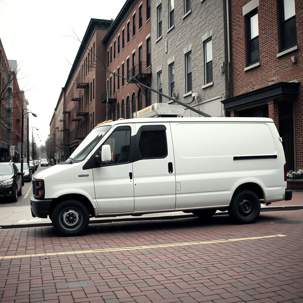 Unmarked white service van on a Philadelphia brick street