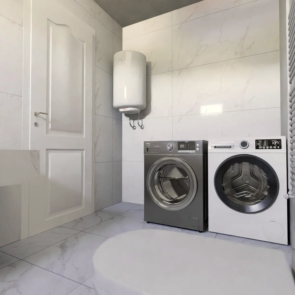 Wall-mounted water heater in a laundry room